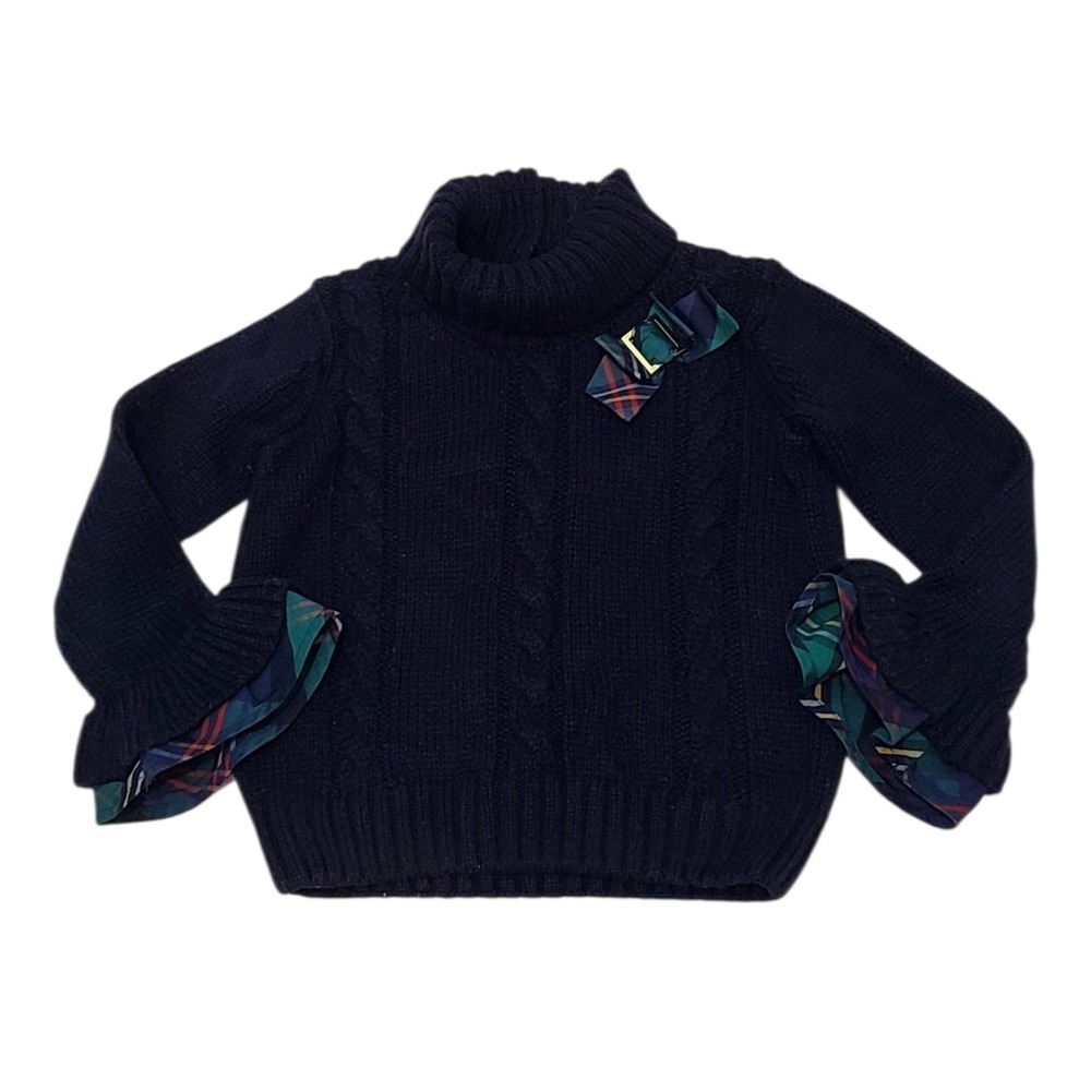 Janie and Jack Plaid Cuff Detail Navy Sweater Size 4 Turtleneck Cable Knit
